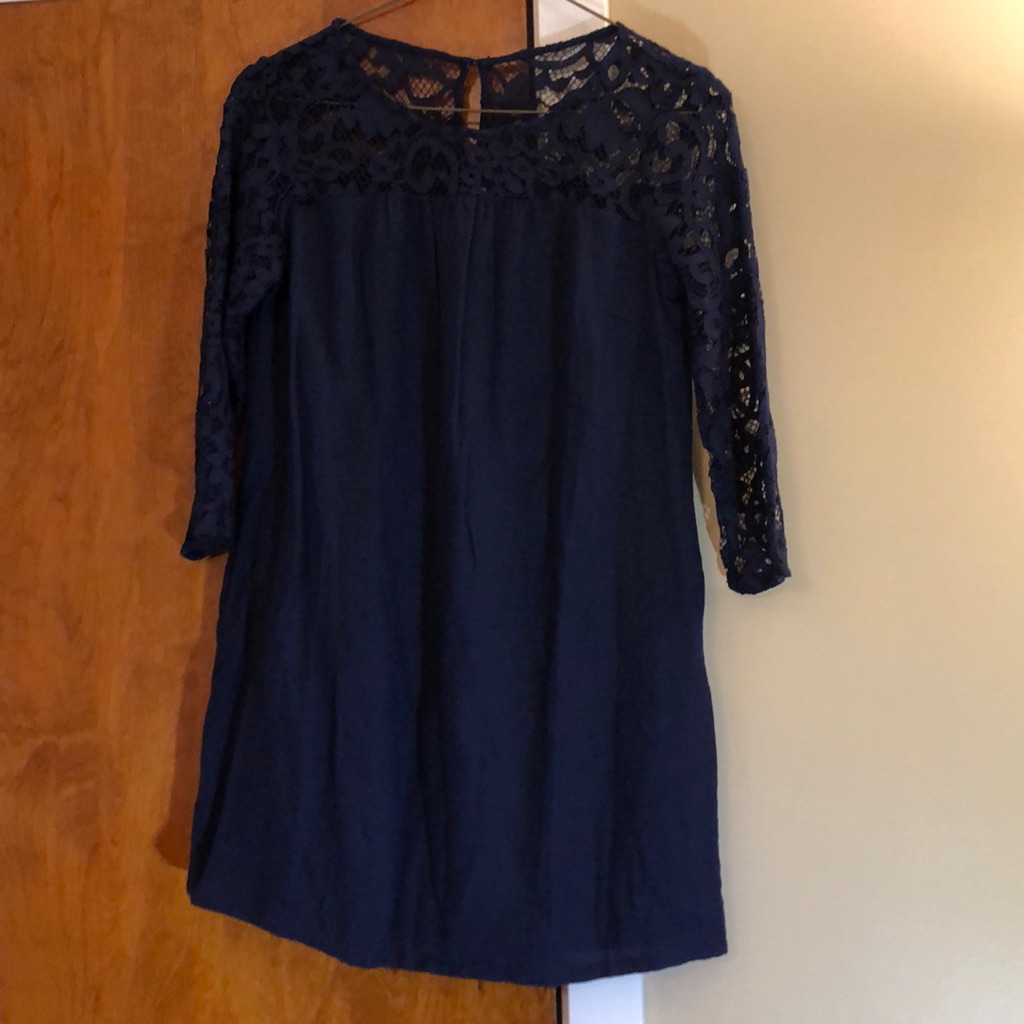 Petite Navy Dress With Lace Long-Sleeves